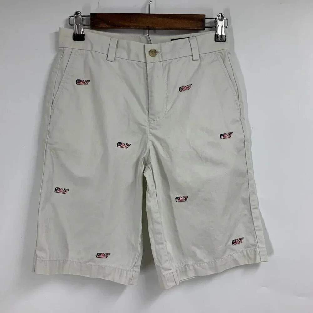 Vineyard Vines Boys Flag Whale Embroidered Cotton Breaker Shorts Size 12